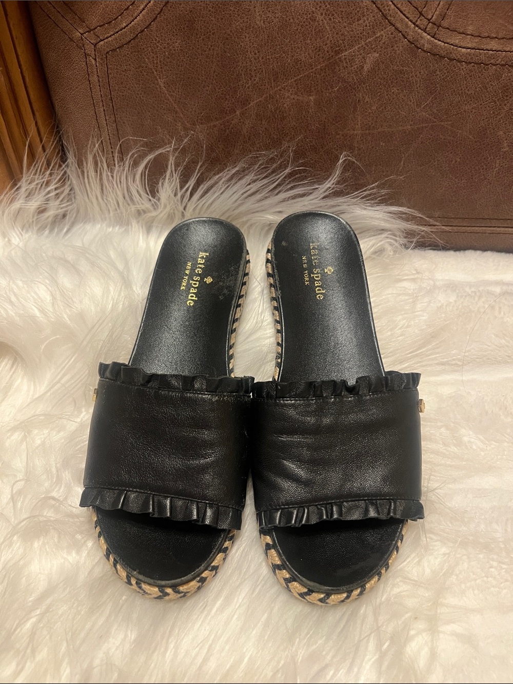 kate spade Black Ruffle Espadrille Slide Sandals size 7M